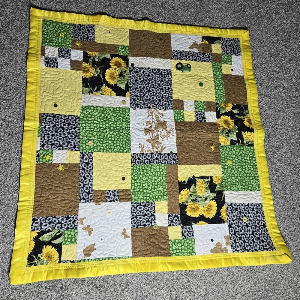 Handmade Cottagecore Quilt Blanket Sunflowers Tractor Child Baby Size‎ 40